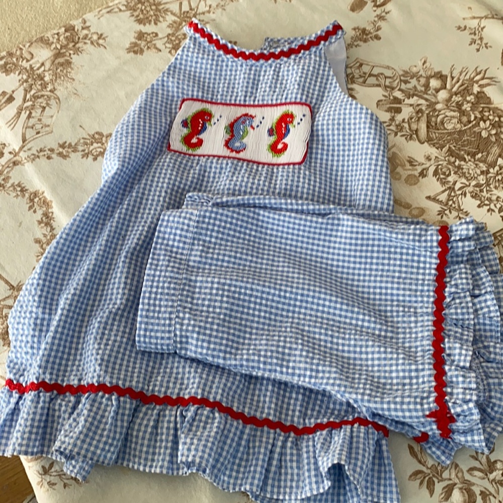 Smocked seahorse blue white gingham set